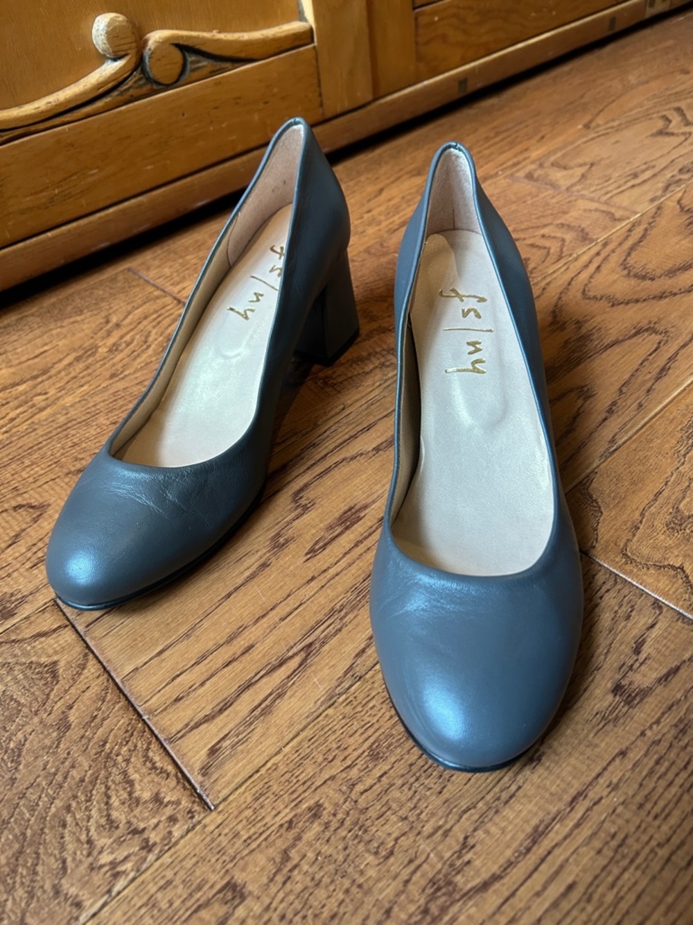 French Sole Slate Gray Block Heel Pumps